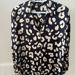 Zara Black and Cream Leopard Print Blouse